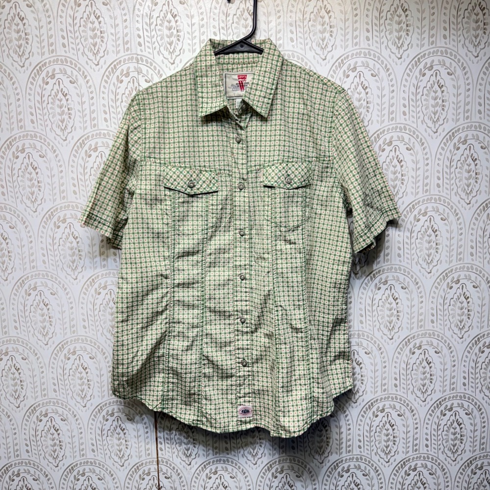 Levi's Button Up Shirt Women Large Green Plaid Polka Dot Western Short Sleeve